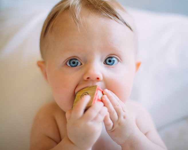 A baby with toy in his mouth